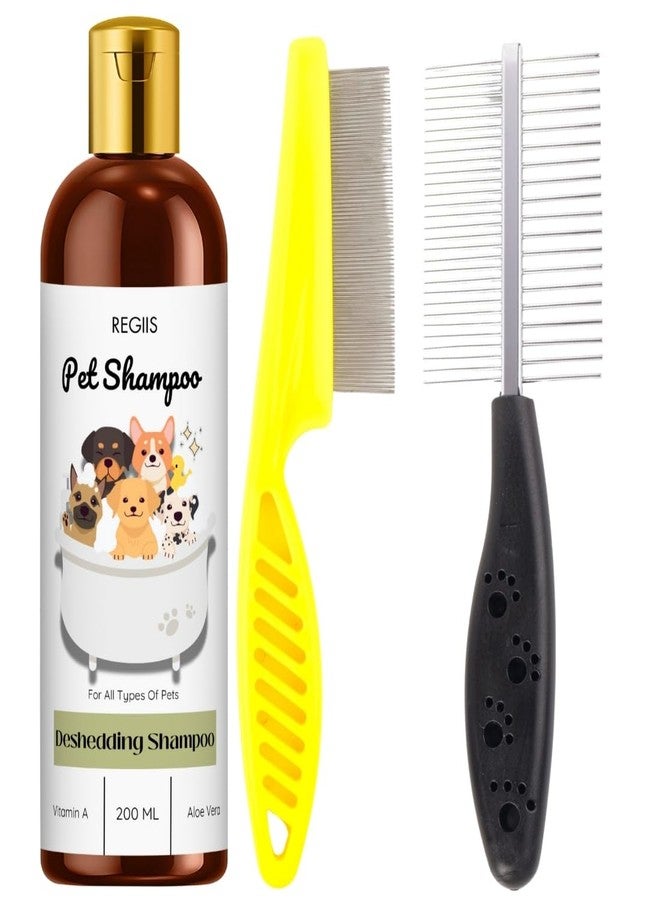 REGIIS Reglis Pet Deshedding Shampoo with Vitamin A and Aloe Vera, 200ml, for All Types of Pets, Includes Deshedding Brush and Comb(Pack of 3) - Image 1
